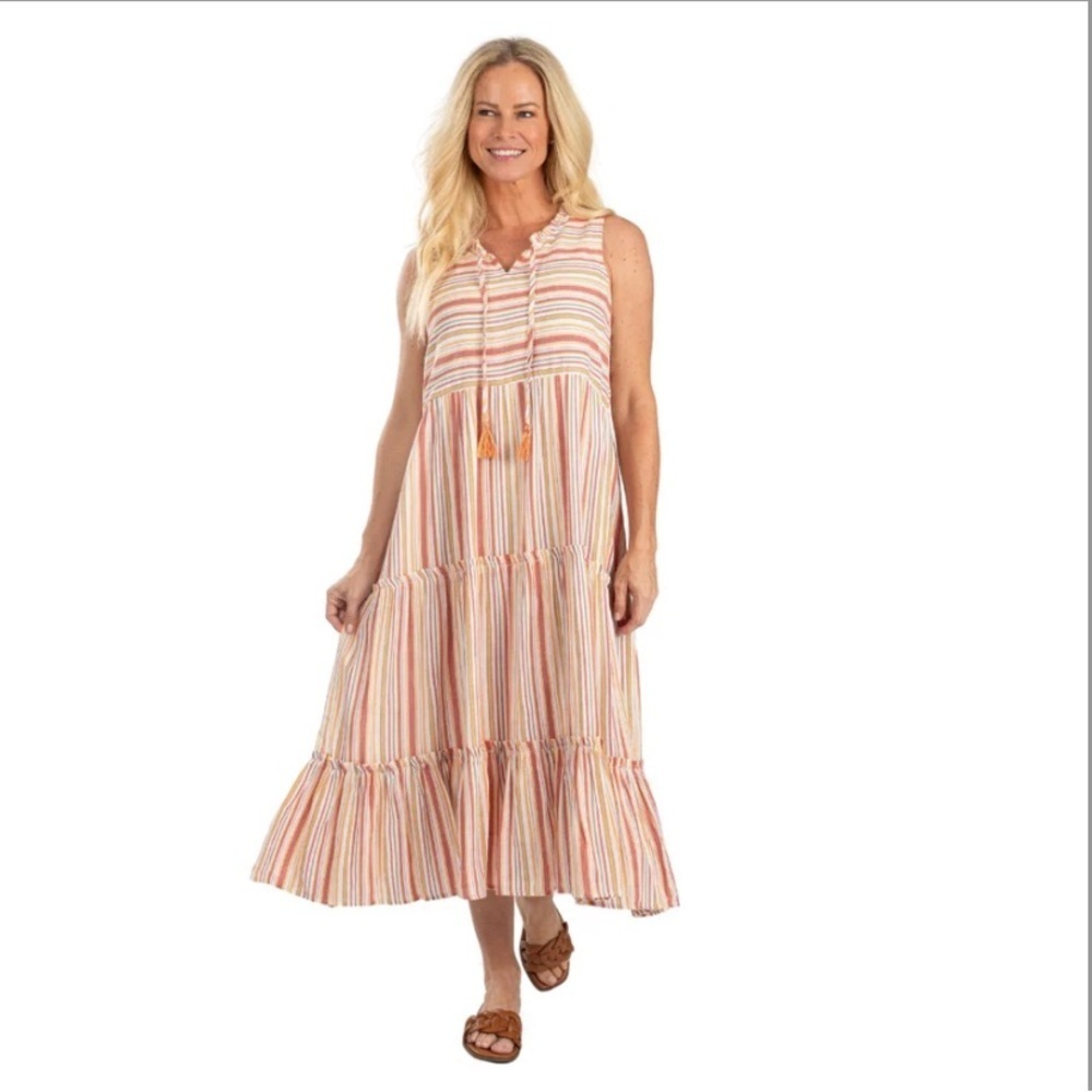Linda Anderson Tassel V-Neck Multicolored Tiered Flowy Sun Maxi Dress Size XL